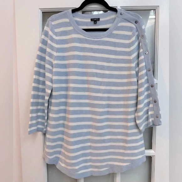Talbots | Blue Striped Crew Neck Sweater Size Large L Petite Coastal Preppy - Picture 1 of 6
